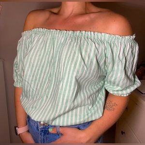 Primark Women’s Off-the-Shoulder Ruffle Sleeve Top | Cropped | Teal & White | M